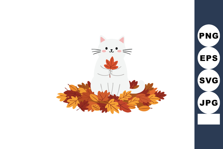 White cat holding orange autumn leaf sitting on pile of fall