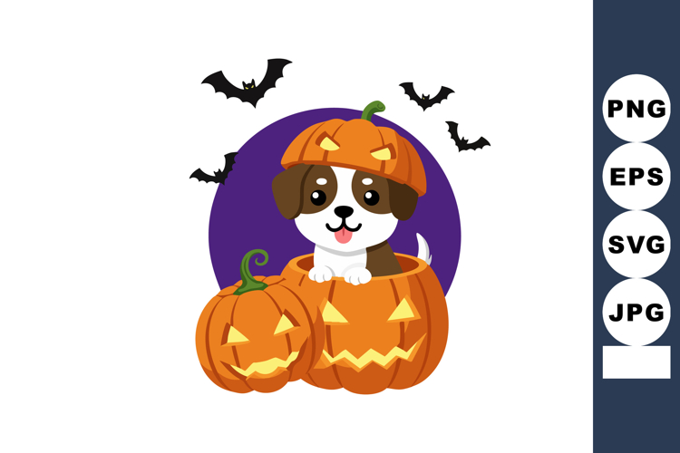 Cute puppy in Halloween pumpkin costume with flying bats and