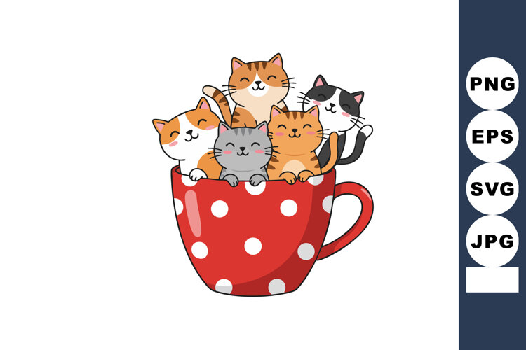 Cute cats sitting inside red polka dot cup vector illustrati example image 1
