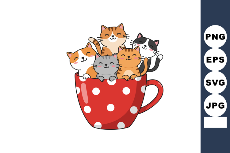 Cute cats sitting inside red polka dot cup vector illustrati