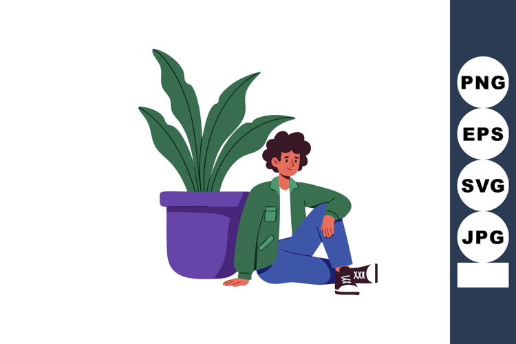 Young man relaxing beside large green plant in purple pot ca
