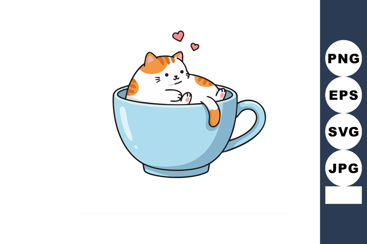Cat Relaxing in Blue Cup with Hearts Above Cute Vector Illus