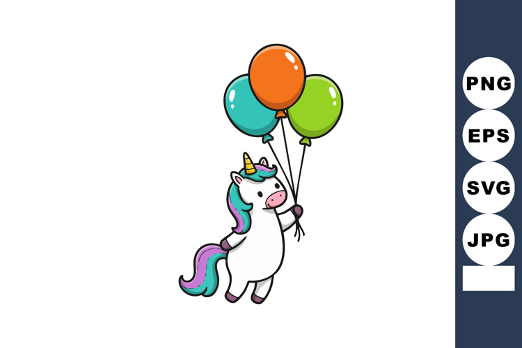 Cute unicorn holding colorful balloons flying fantasy magica