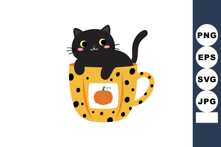 Cute black cat sitting inside orange pumpkin mug with black
