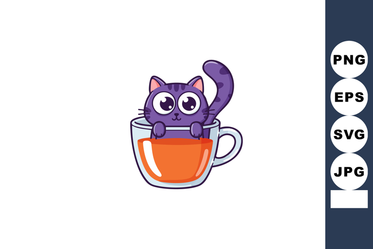 Purple cat sitting inside transparent orange cup with big ey