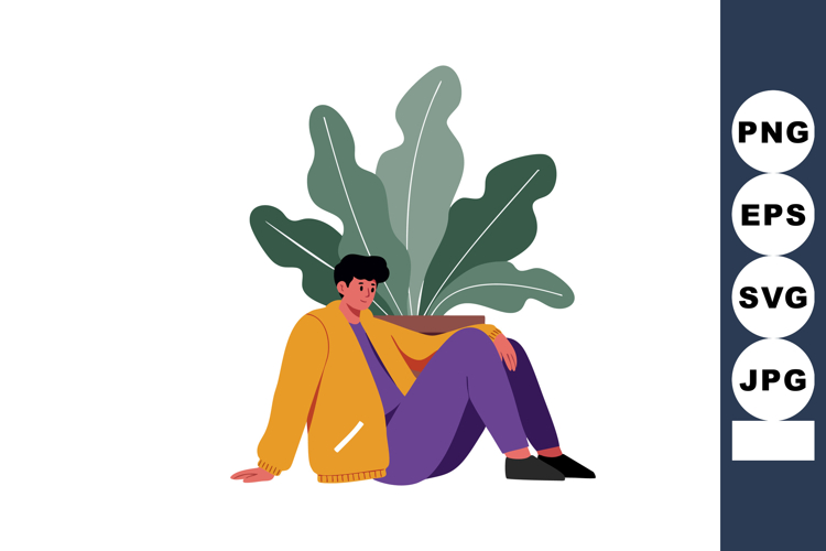 Man sitting relaxed near large green leafy plant in modern c