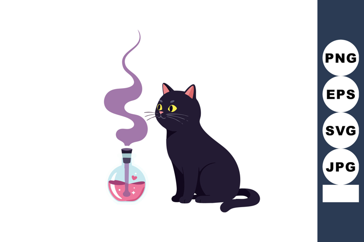 Black cat sitting next to pink potion bottle with purple smo