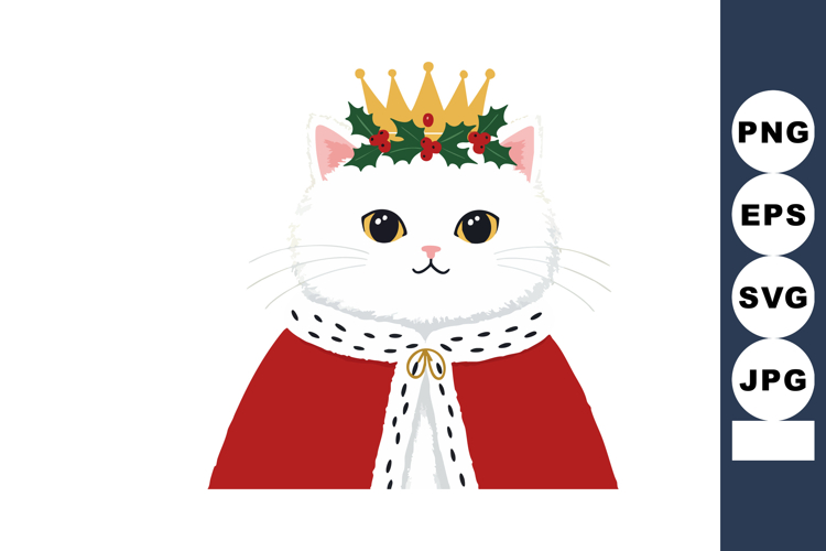 White cat wearing royal crown and red cape with fur trim fes example image 1