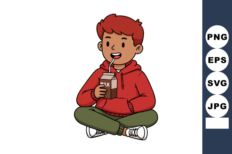 Boy sitting cross-legged drinking chocolate milk from a cart example image 1