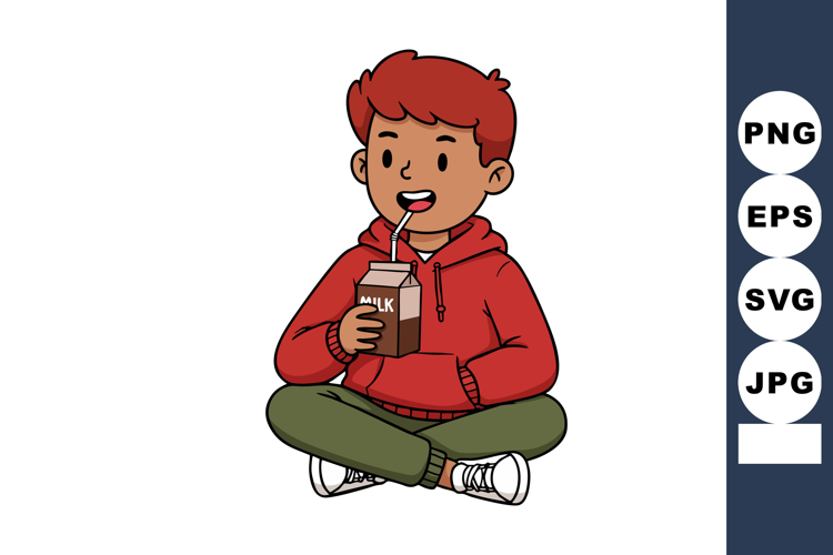 Boy sitting cross-legged drinking chocolate milk from a cart