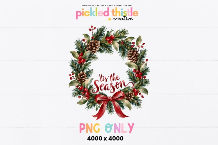 This Christmas PNG combines a full circular botanical wreath with festive red lettering, rich forest-green foliage, brown pinecones, and an elegant red bow with flowing tails.