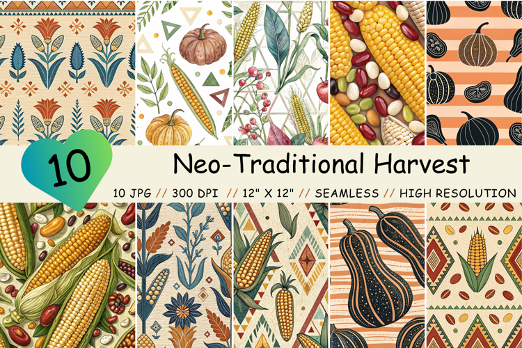 Neo-Traditional Harvest Seamless Pattern, Digital Paper