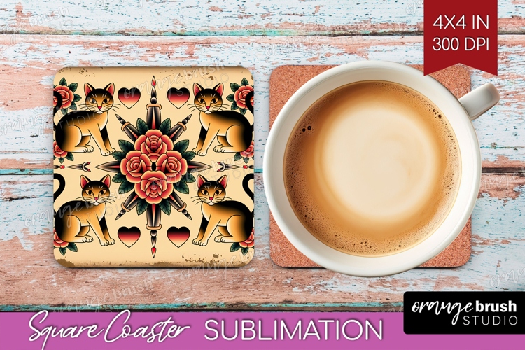Traditional Tattoo Square Coaster - Tattoo Coaster PNG
