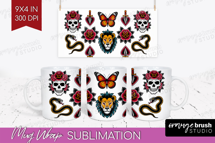 Traditional Tattoo Mug Wrap - Tattoo Mug PNG Sublimation