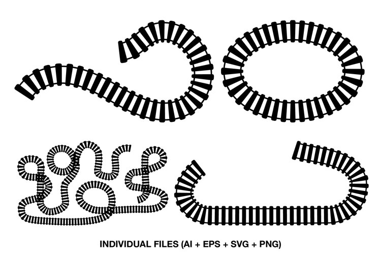 Four black train track clipart designs with different curved railway layouts