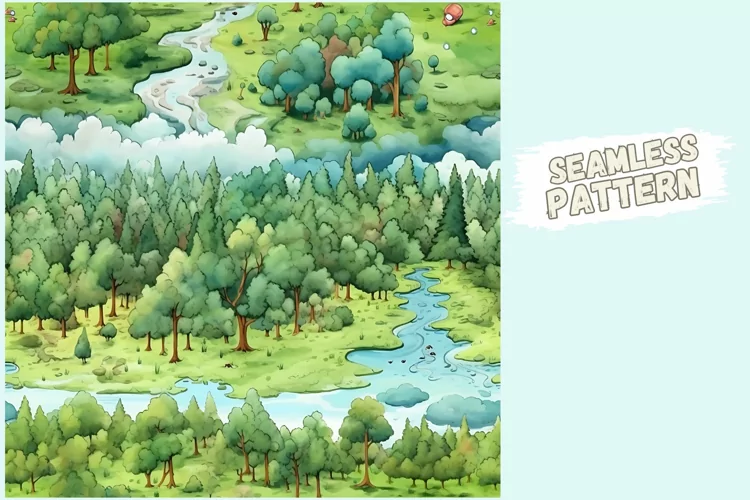 Tranquil Riverbank Serenity - Seamless Digital Pattern