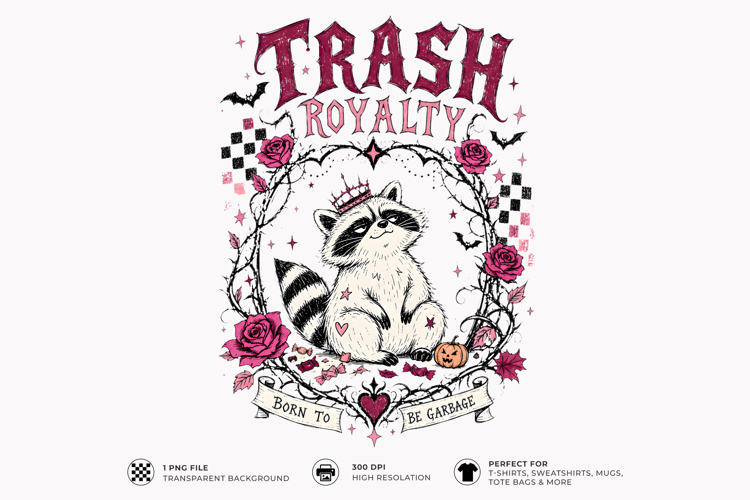 Trash Royalty Raccoon Gothic Halloween PNG T-Shirt Design