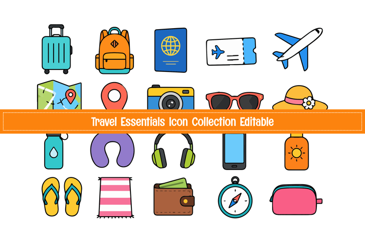 Travel Essentials Icon Pack AI PNG EPS Vector| Vacation Acce
