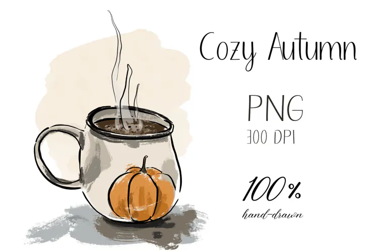 Cozy Autumn Pumpkin Coffee Mug Illustration PNG