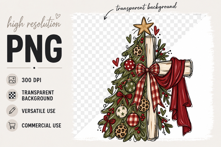 Christmas Tree Cross png, Watercolor Christian Christmas png