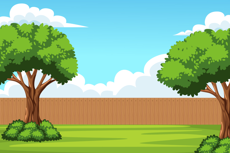 Cartoon Park Landscape with Trees, Wooden Fence and Blue Sky