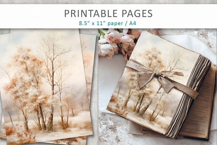 artistic tree illustrations, junk journal papers