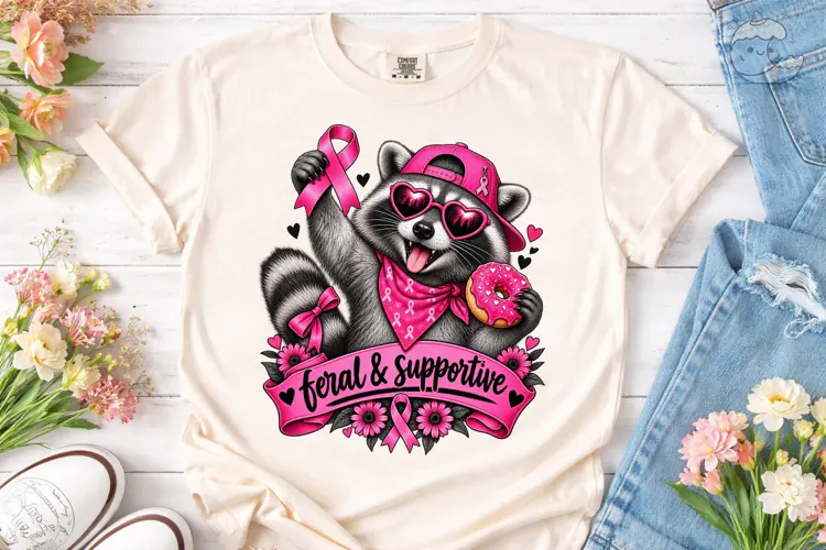 Feral Raccoon Breast Cancer PNG Tee
