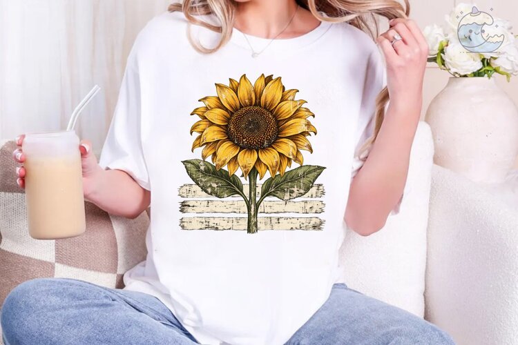 Sunflower Rustic Fence PNG Shirt Design example image 1