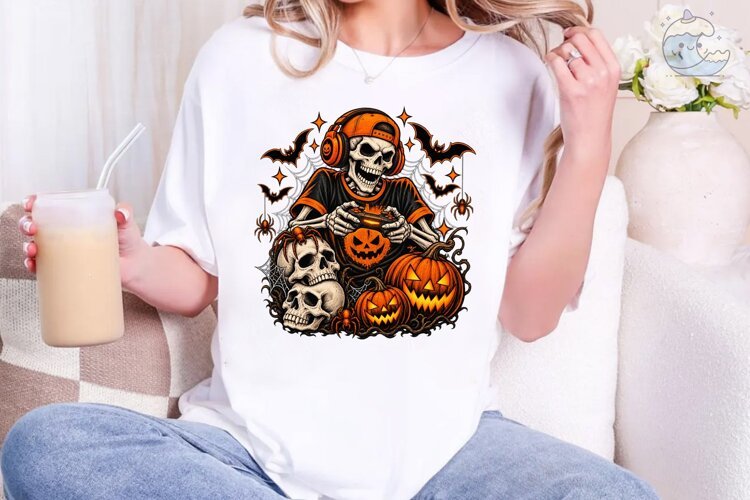 Halloween Skeleton Gamer PNG Shirt Desig example image 1