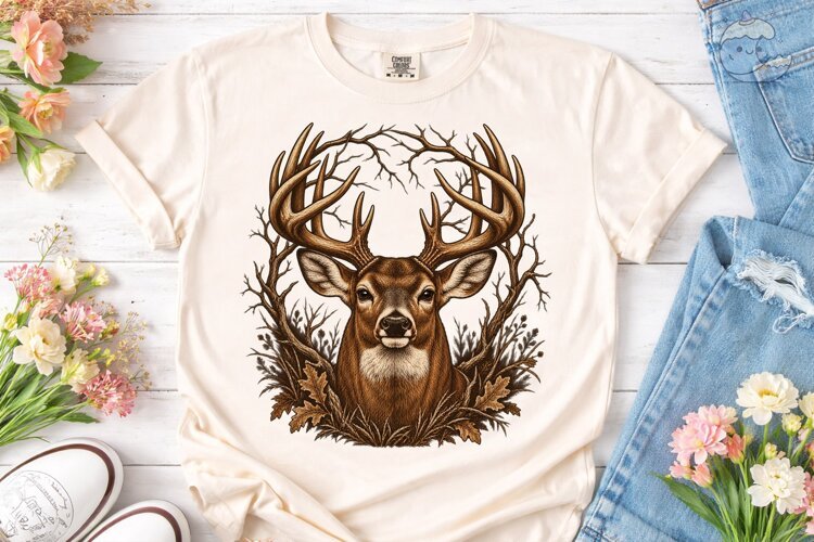 Woodland Buck Deer PNG Sublimation Tee example image 1