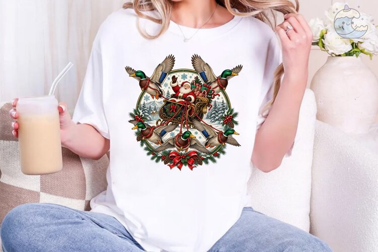 Santa Duck Sleigh Christmas PNG Shirt example image 1