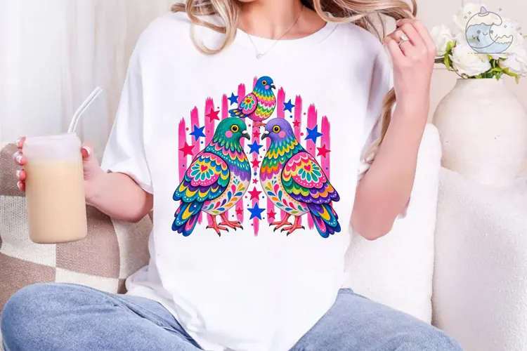 Colorful Pigeon Trio PNG Sublimation Tee