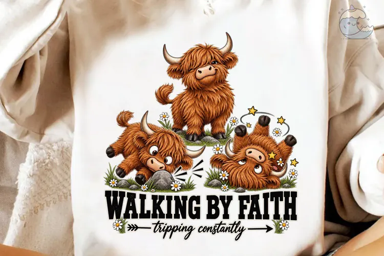 Walking By Faith Highland Cow PNG Tee