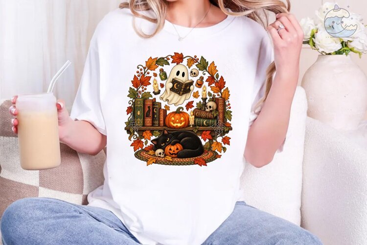 Halloween Ghost Reading Books PNG Shirt example image 1