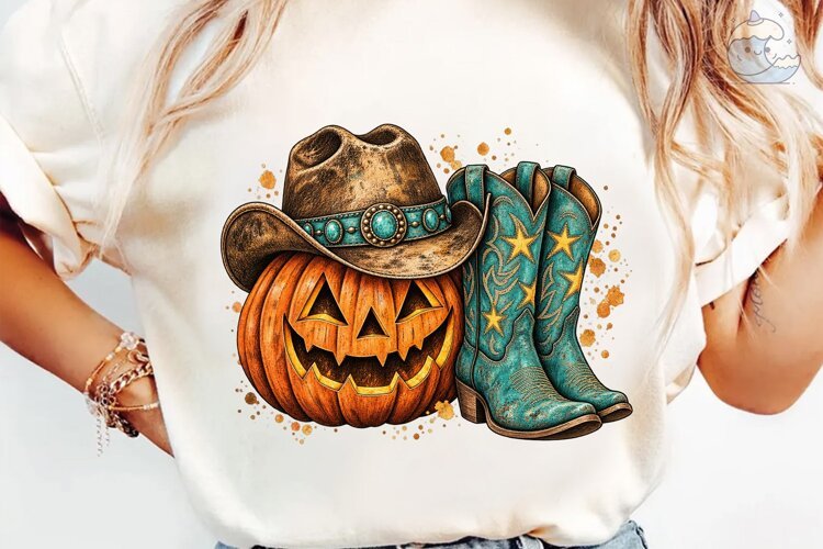 Western Halloween Pumpkin PNG Shirt example image 1