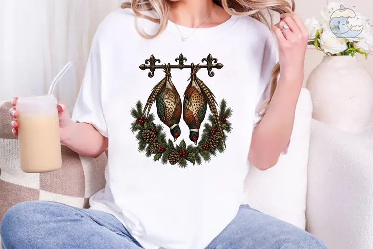 Hanging Pheasants Christmas Wreath PNG