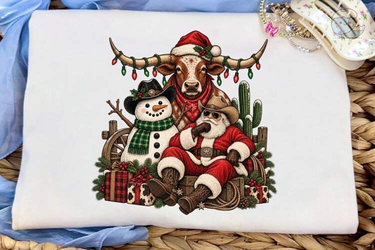Western Christmas Longhorn PNG Shirt example image 1
