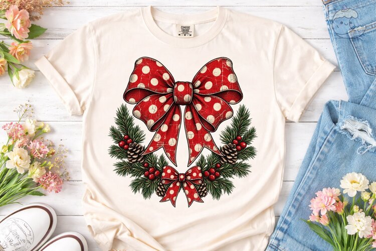 Christmas Wreath Polka Dot Bow PNG Shirt example image 1