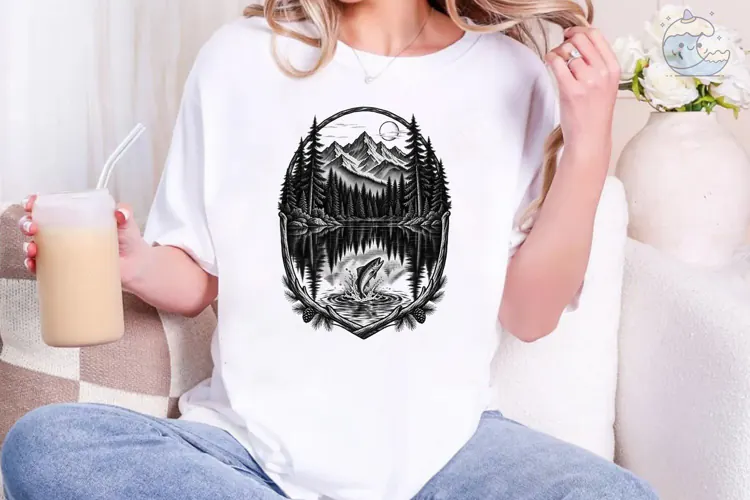 Mountain Lake Fishing PNG Shirt Design