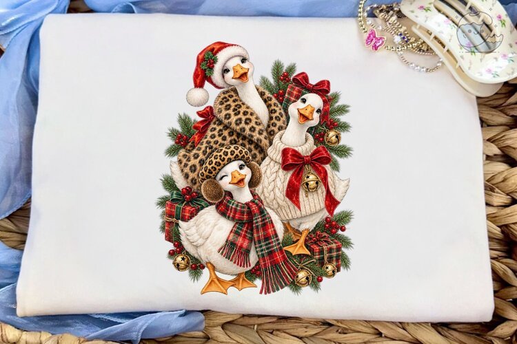 Christmas Geese Santa PNG Sublimation Te example image 1