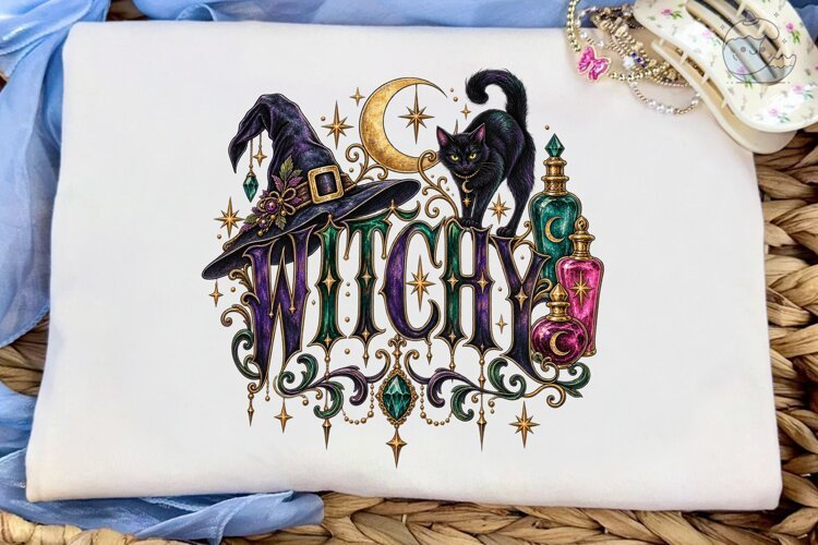 Witchy Halloween Black Cat PNG Shirt example image 1