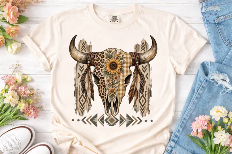 Boho Bull Skull Sunflower PNG Sublimatio