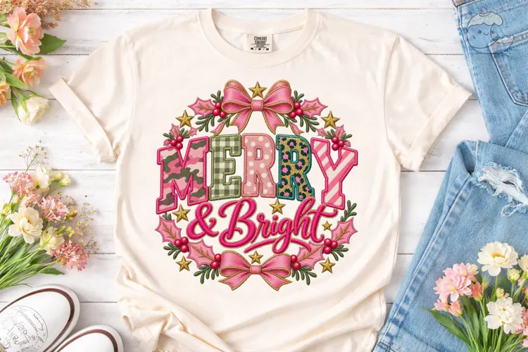 Merry & Bright Christmas Wreath PNG Tee