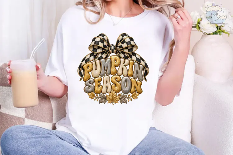 Pumpkin Season Checkered Bow PNG Tee