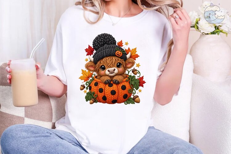 Highland Cow Pumpkin Halloween PNG Tee example image 1