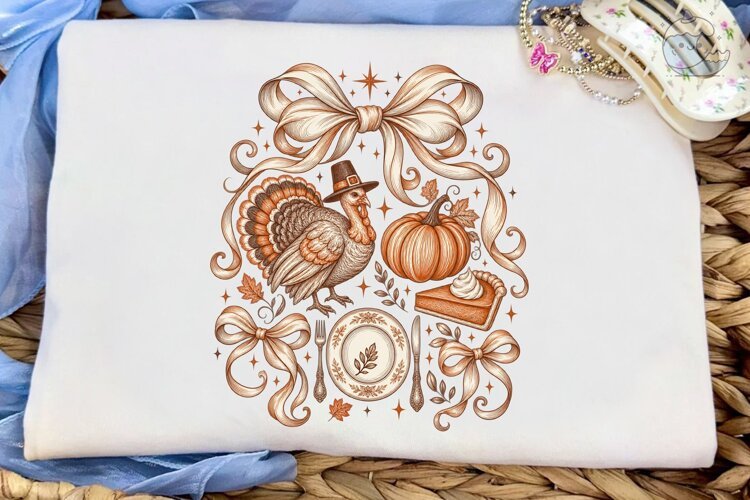 Thanksgiving Turkey Bow PNG Shirt Design example image 1