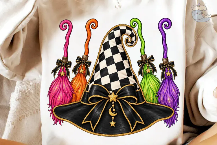 Witch Hat Broomstick Halloween PNG Tee