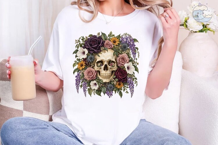 Floral Skull Boho PNG Sublimation Tee example image 1