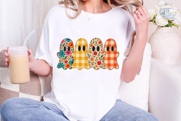 Floral Ghost Halloween PNG Shirt Design example image 1