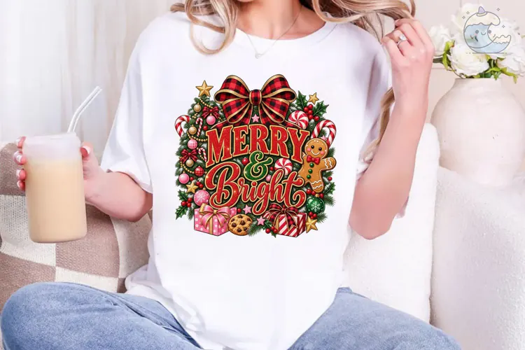 Merry & Bright Christmas Wreath PNG Tee